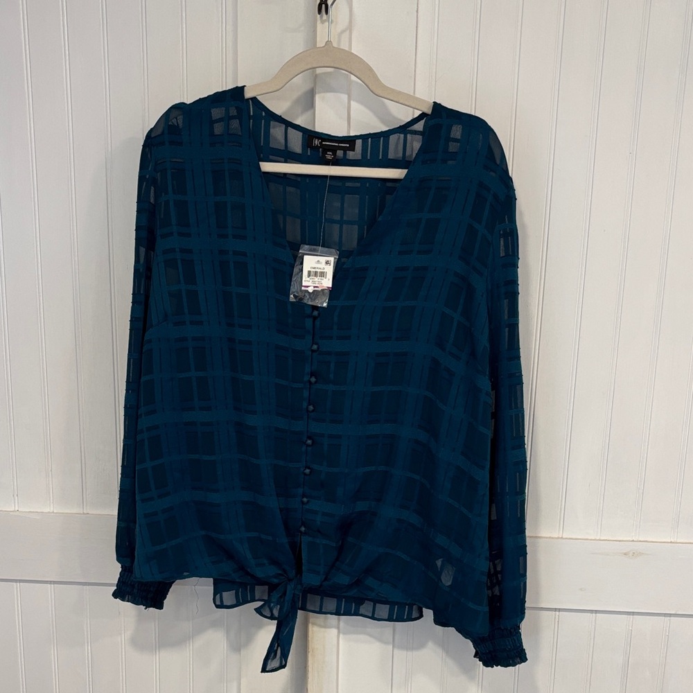 INC  Teal, V-neck, button down Sheer Blouse size XXL